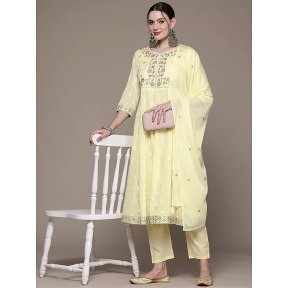 Anarkali Style Cotton Kurta Pant Dupatta Set Indian Women Kurti Salwar Suit V-Neck Size 44