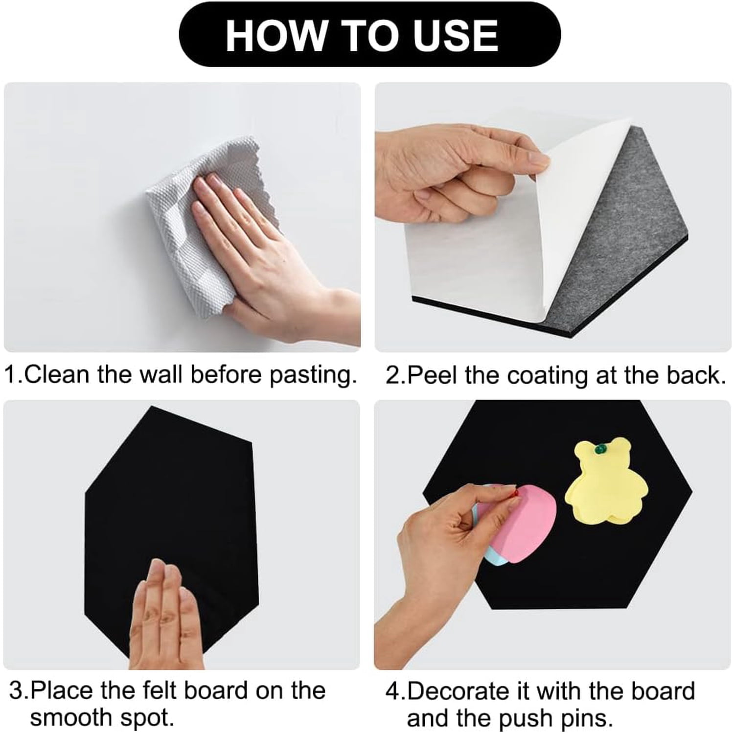 6 Pcs Hexagon Bulletin Board with 50 Pushpins & Sticky Note Adhesive Cork Board for Wall，Felt Pin Board for School，Office Decor（Black）