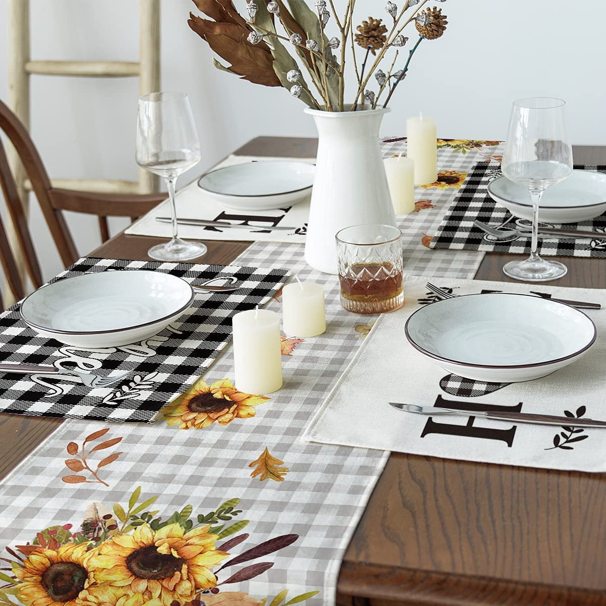 Smile 12 Set Total 48PCS Seasonal Decorative Placemats, All Season Polyester Durable Vintage Rustic Table Mats for Kitchen Home Farmhouse Cabin Decor Holiday Celebration