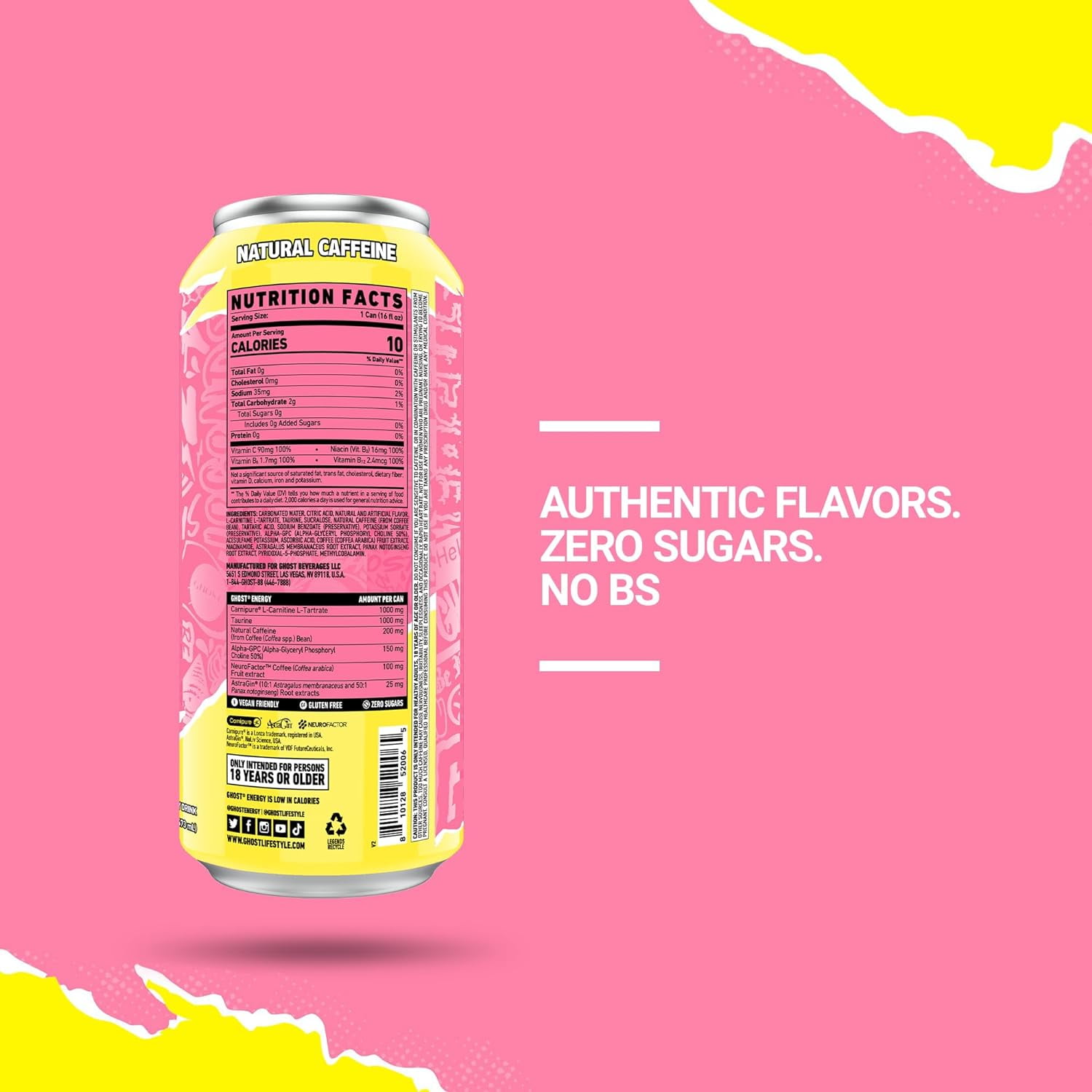 GHOST Zero Sugar Energy Drink, Sour Pink Lemonade, 16 oz Can, 12 Pk