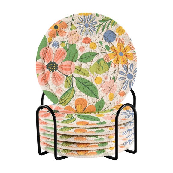 Yayeee 6 PCS Drink Coasters with Holder Set Woven Absorbent Round Tabletop Hot Pad, Retro Pink Floral