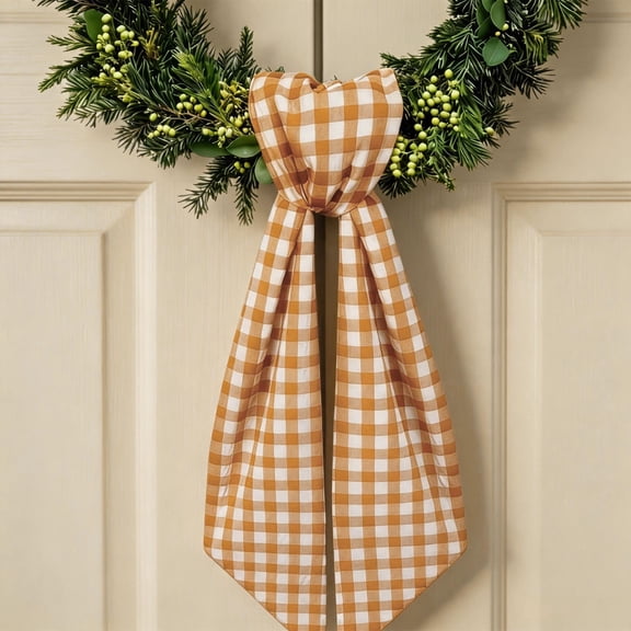 Wreath Sash for Front Door, Orange White Gingham Plaid Garland Ribbon Accessories for Wreath, Yard, Doorway, Indoor & Outdoor, Bow, Bridal Shower Home Decor, 54'' x 3.5''