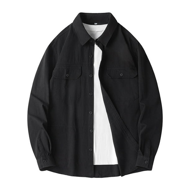 pstuiky Camisas de invierno de manga larga para hombre, Ropa de trabajo holgada de color liso para hombre, con solapa suelta y manga larga Tops de talla grande para hombre xxxl