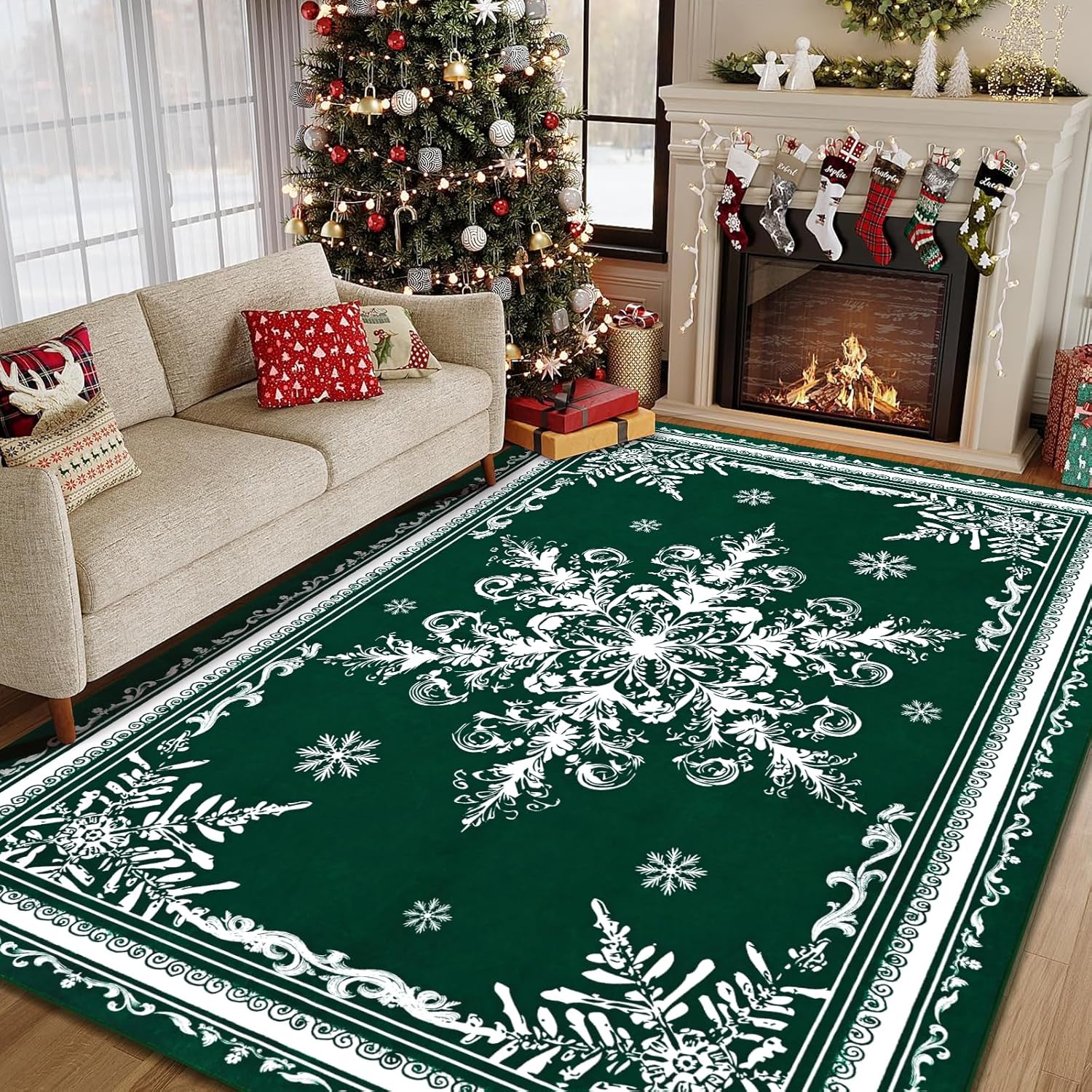 BLEUM CADE Christmas Snowflake 3x5 Area Rugs for Living Room,Non Slip Washable Rugs Low Pile Floor Mat Carpet,Holiday Christmas Decorations,Green