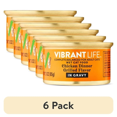 (6 pack) Vibrant Life Chicken Dinner Grilled Flavor Cuts in Gravy Wet Cat Food, 3 oz Can