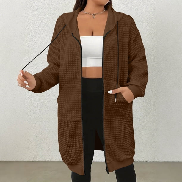 HongQid Women's Zip Up Hoodies Long Sleeve Long Tunic Sweatshirts Oversized Casual Waffle Fall Jacket Coat with Pocket