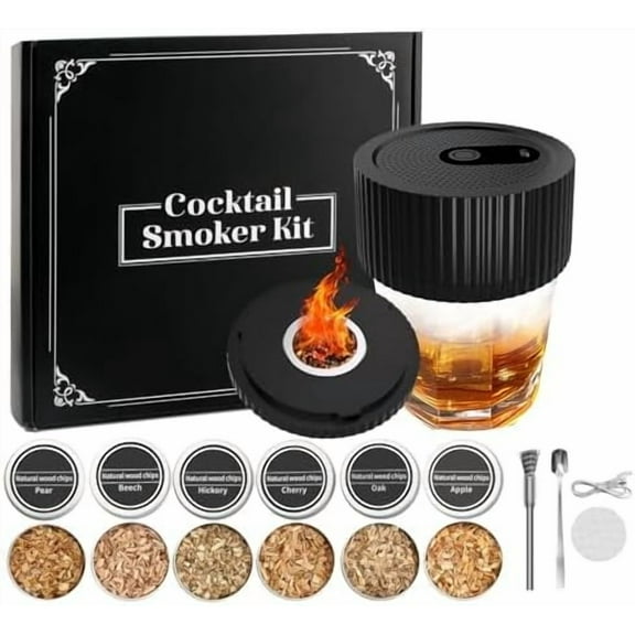 Electric whiskey smoker kit with built-in lighter and wood chips, no butane required.