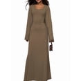 thumbnail image 2 of Wedding Guest Dress for Women Long Sleeve Bodycon Ribbed Knit Maxi Dress Fall Formal Dresses Khaki M, 2 of 9