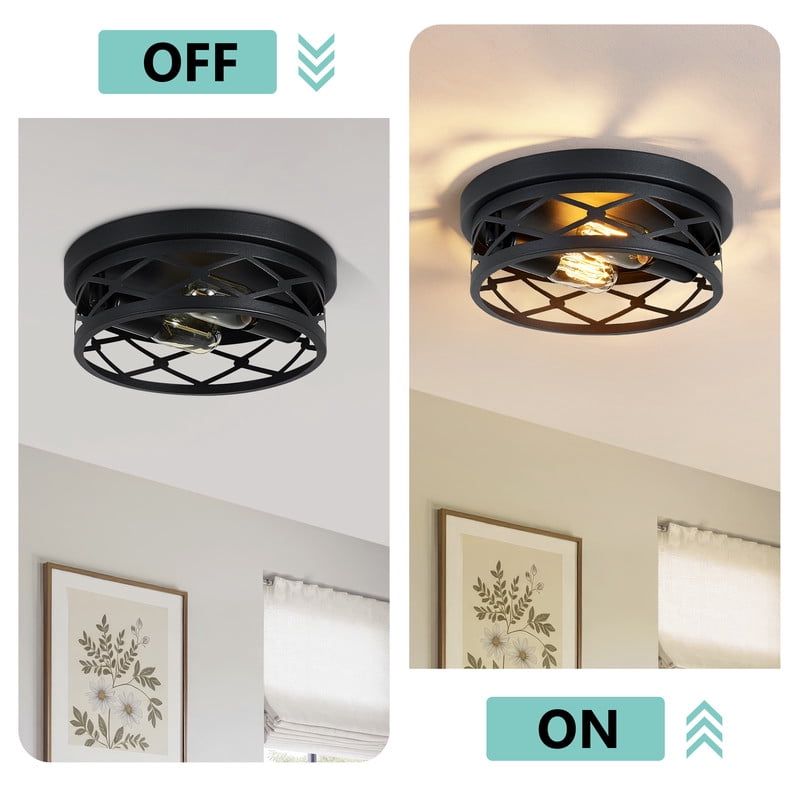 HKMGT Industrial Round Diamond Grid 2-Light Flush Mount Ceiling Light, Matte Black, E26 Base, for Kitchen Hallway Entryway (Bulbs Not Included)