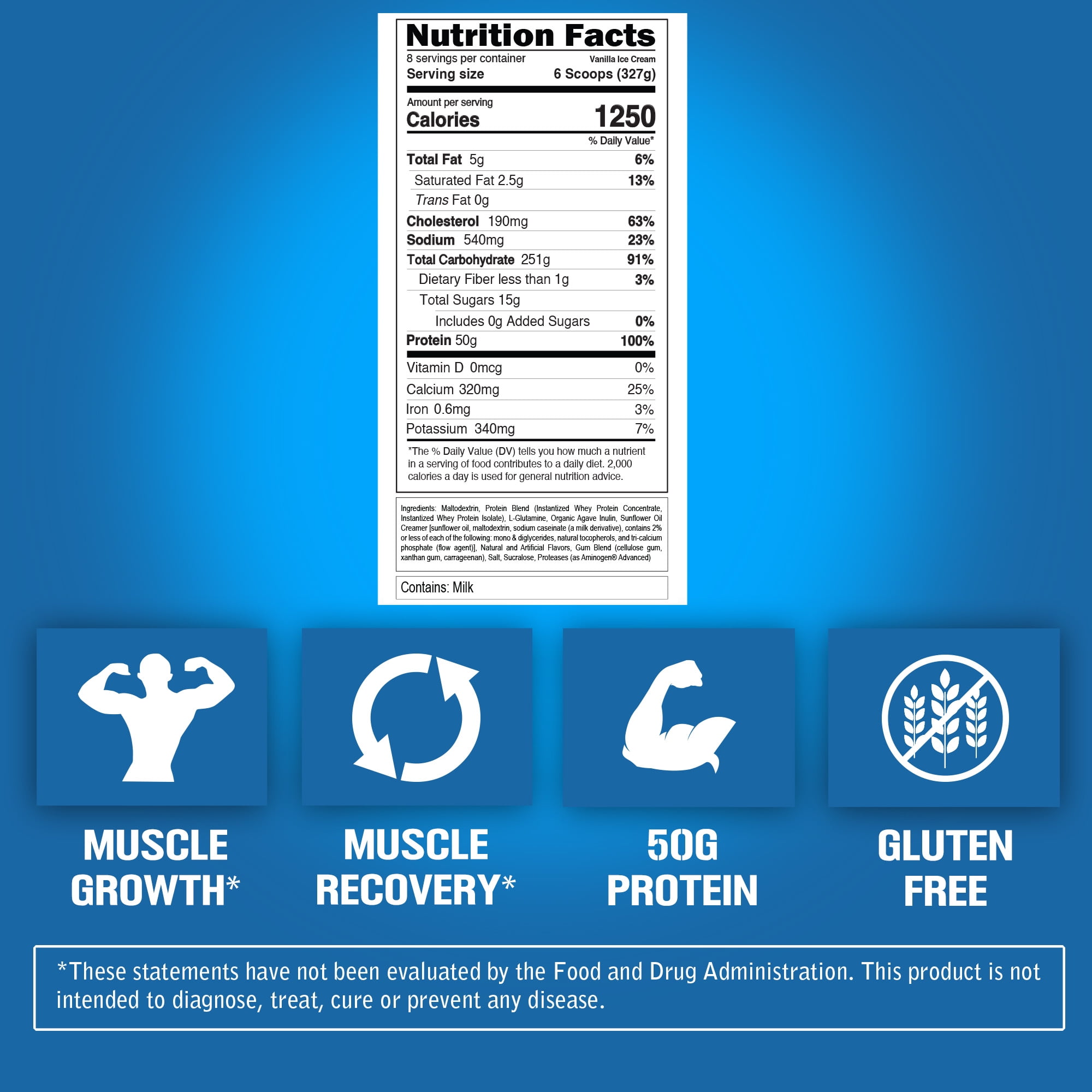 Evlution Nutrition Stacked Protein Gainer, 50 Grams Whey Protein Powder Complex, 250 Grams Carbohydrates, Build Muscle, Recovery, Post Workout, Gluten-Free - 6 lb
