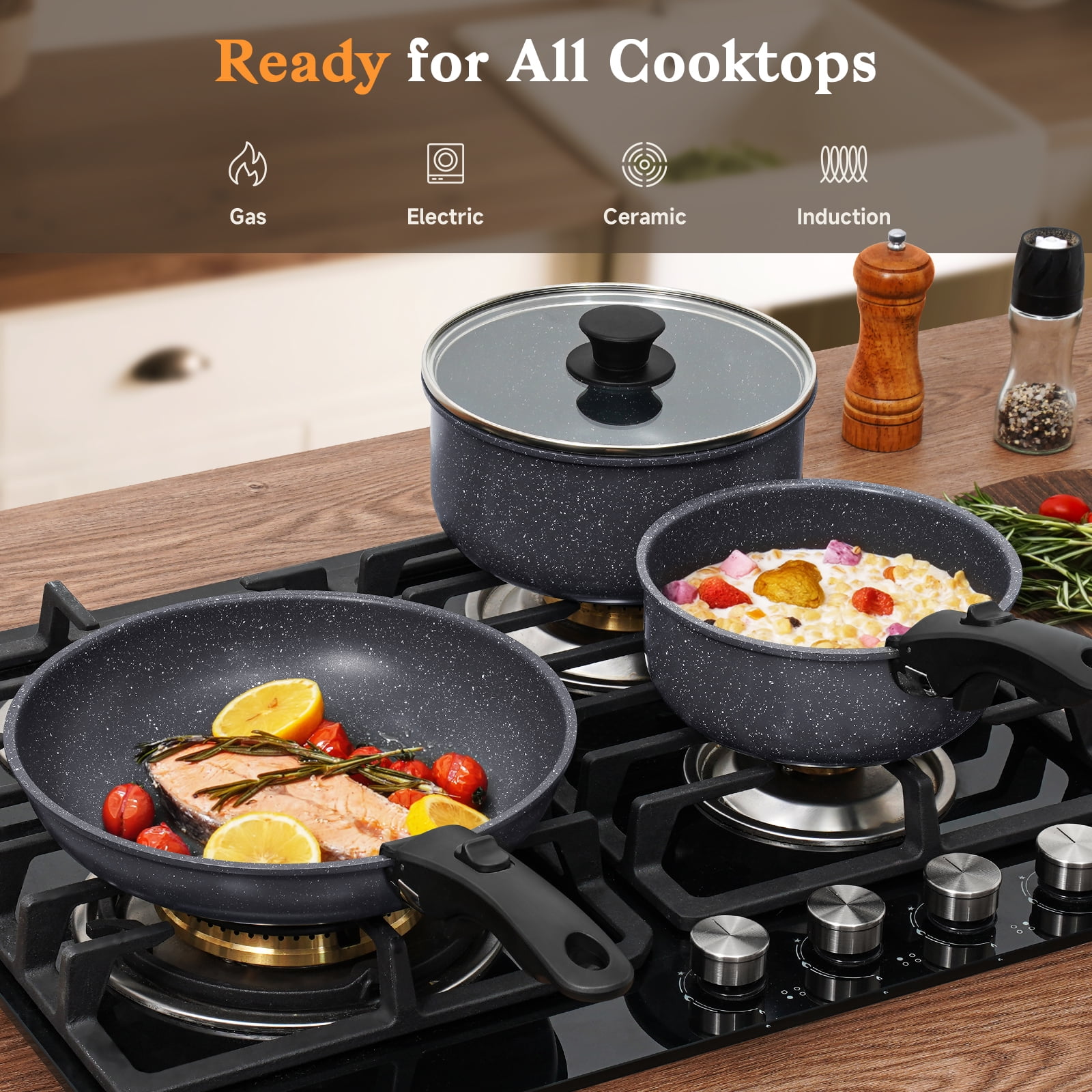 15-Piece Nonstick Cookware Set with Removable Handles, Oven Safe & Induction Compatible - Black Pots and Pans Set Includes Fry Pan, Saucepan
