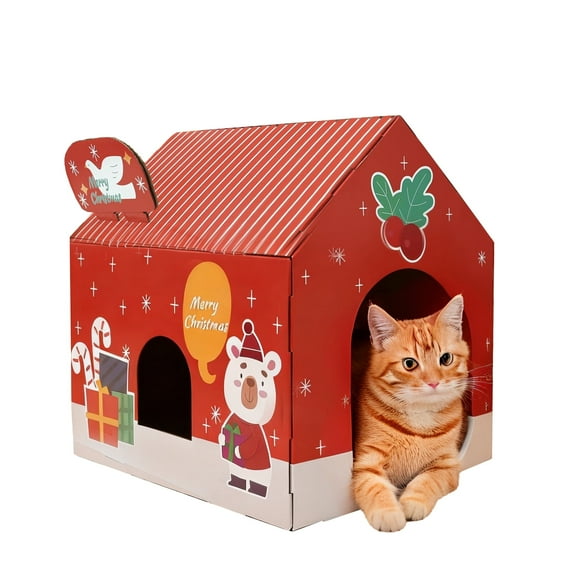 Tisoloow Christmas Cardboard Cat House with Scratching Pad (15"x12"x15") Christmas Decorations Scratching Pad for Kitty Cat Play House for Indoor Cats Christmas Red