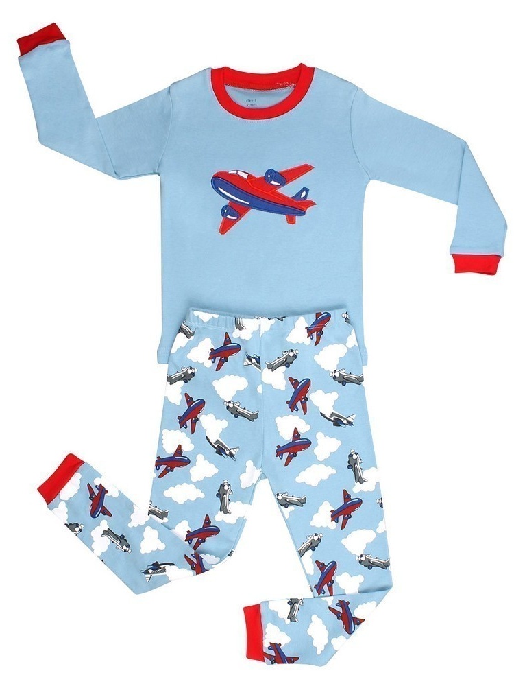 Elowel Baby Boys Blue Airplane Long Sleeve Cotton 2 Pc Pajama Set