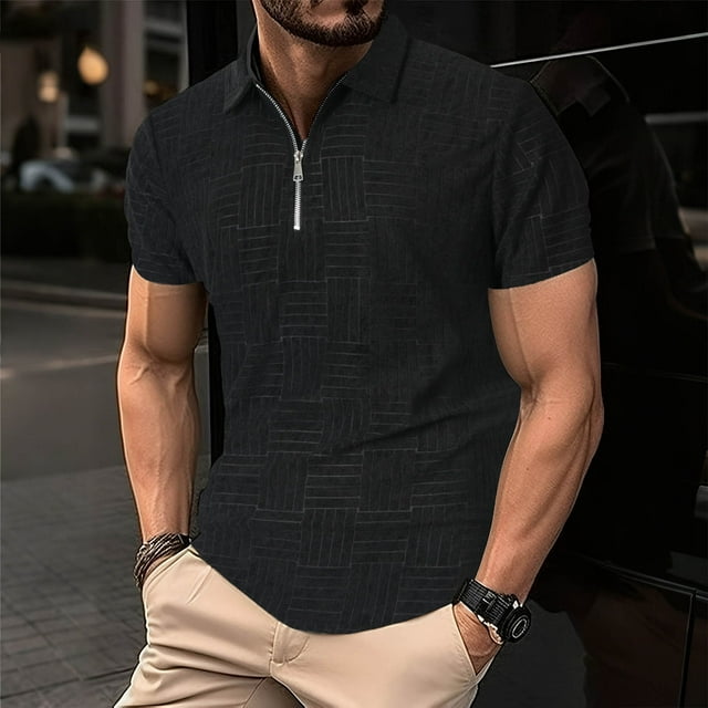 Ceisia Men's Slim Fit Short Sleeve Zip-Up Polo Shirt Turn-Down Collar Textured Fabric Spring Summer Shirt Gift