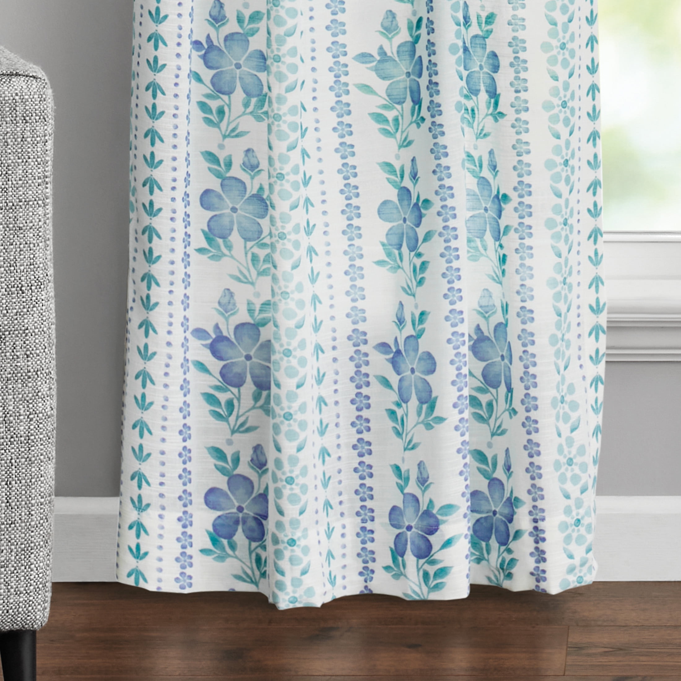 The Pioneer Woman Hattie Stripe 2 Pack Curtain Panel, BCI Cotton, Floral, Blue, RodPocket, 40" W x 84" L