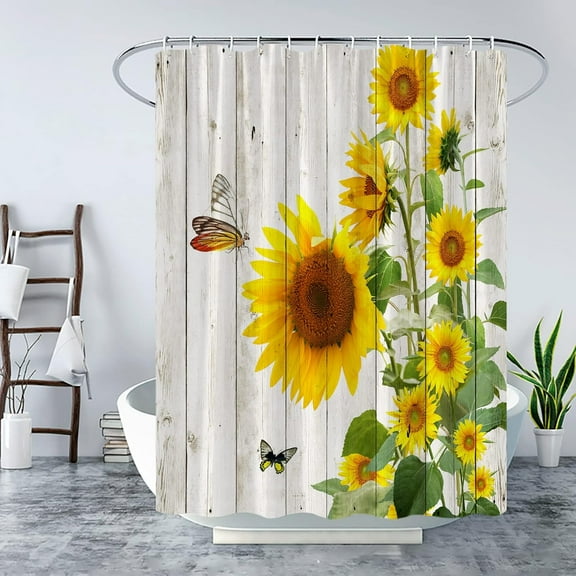 Rustic Sunflower Shower Curtain Farmhouse Wooden Board Barn Door Vintage Yellow Floral Country Nature Bath Curtain