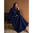 thumbnail image 6 of Elegant Blue High-Neck Pleated Midi Dress With Belted Waist, 6 of 6