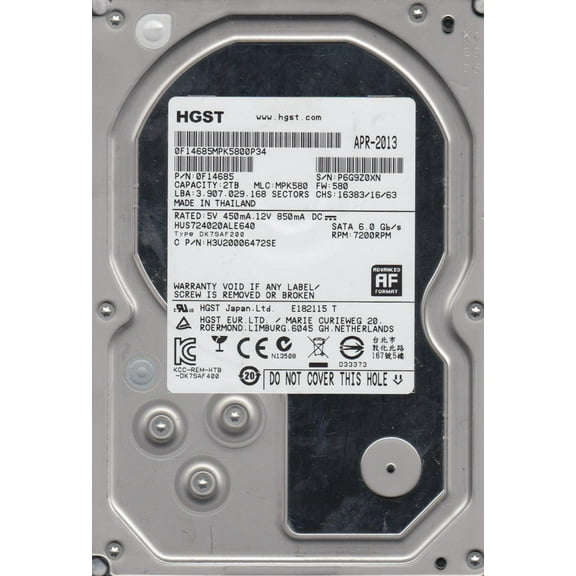 HUS724020ALE640, PN 0F14685, MLC MPK580, Hitachi 2TB SATA 3.5 Hard Drive