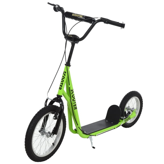 Riding Toys Aosom Youth Scooter, Teens Kick Scooter, Adjustable Handlebar Ride On Toy for 5 with 16" Front and 12" Rear Dual Brakes Inflatable Wheels, Green,Balance Bikes For