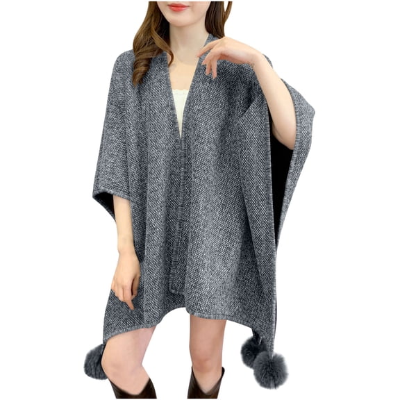 2025 Women's Shawl Faux Fur Pom Wrap Fringe Poncho Coat Cardigan Batwing Long Sleeve Oversized Sweater Cloak