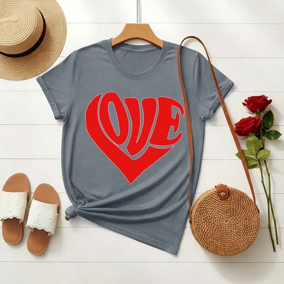 Xuyuer Valentine's Day women's lover printed t-shirt round neck short sleeve Shirt Women Alphabet ABC I Love You Printed T-Shirts Teacher Valentine Shirt Tees Tops