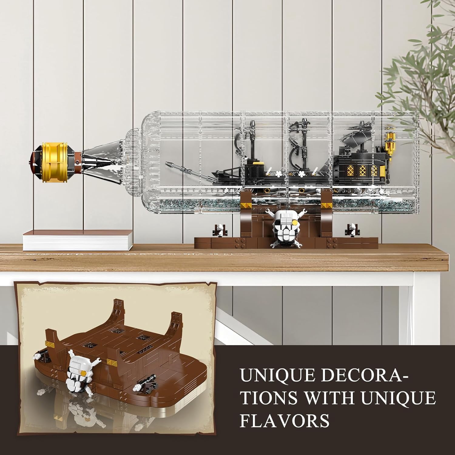 Mould King 10065 Drift Bottle with Black Pearl Ship Building Blocks Set, Pirate Ship in Bottle Model Building Kit with Display Stand,