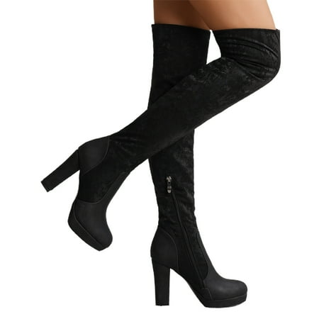 

Mepaouo Women s Over The Knee Thigh High Boots Chunky Heel Stretch Sexy Fall Long Boots(Black 9..5)