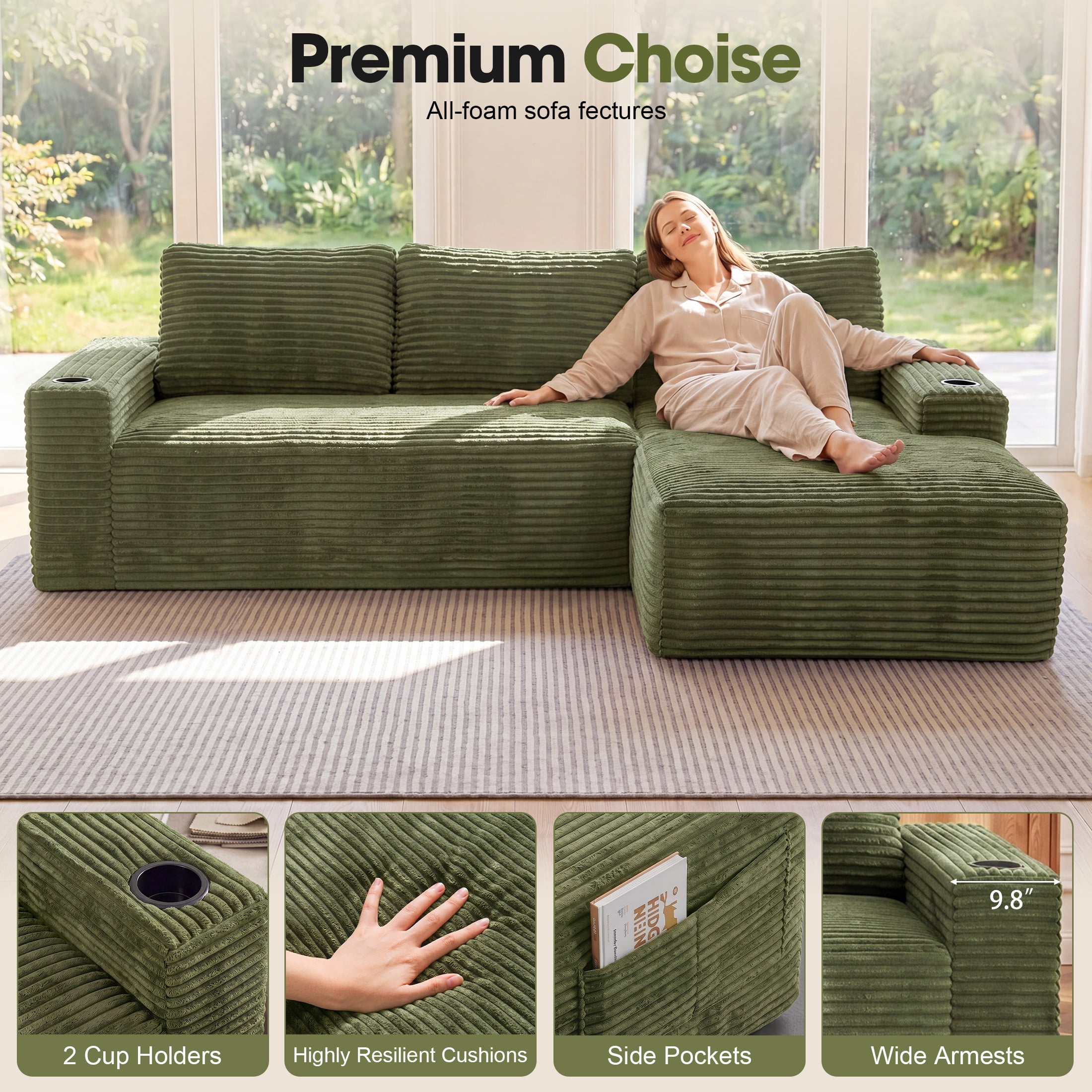 Aenkyo 104 Inch Corduroy L-Shaped Cloud Sectional Sofa with Right Facing Chaise and Cup Holders, Green