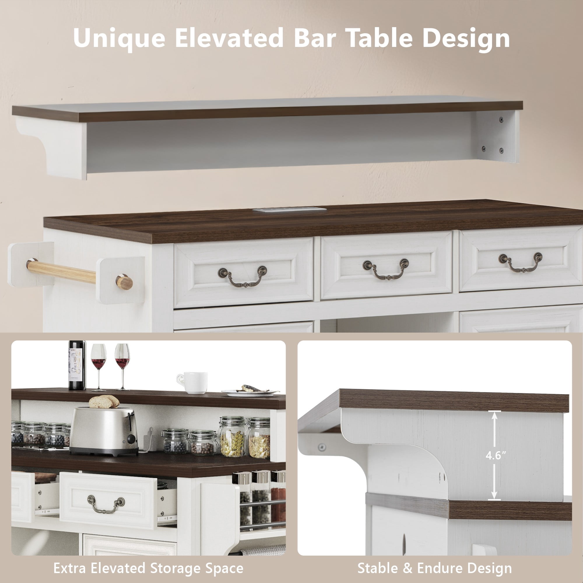 Homy Casa 52" Farmhouse Kitchen Island Cart with Power Outlet, Rolling Storage Cabinet, White