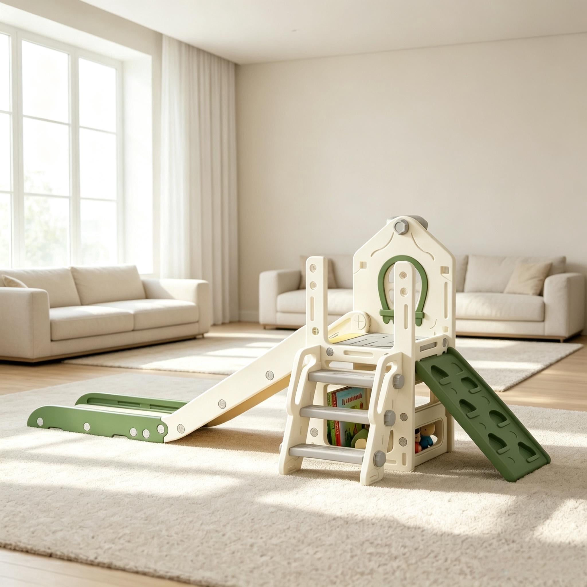 Indoor Slide with Basketball Hoop, Foldable Toddler Slide, Compact Indoor Playground Set