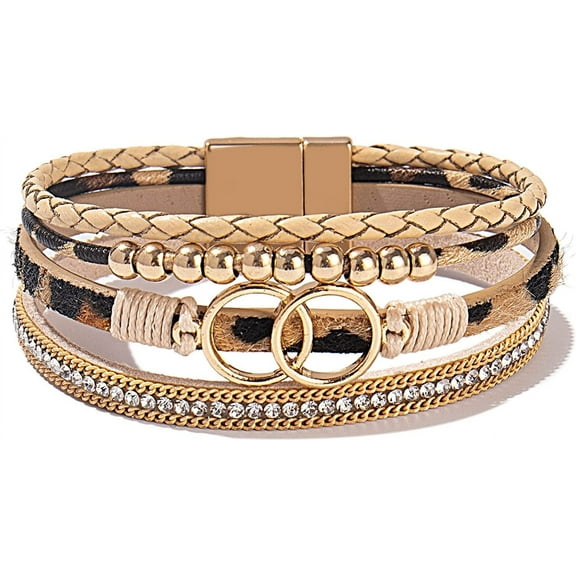 Boho Wrap Bracelets Leather Cuff Bangle Gold Beaded Bracelets for Women Stackable Infinity Bracelets Jewelry with Clasp