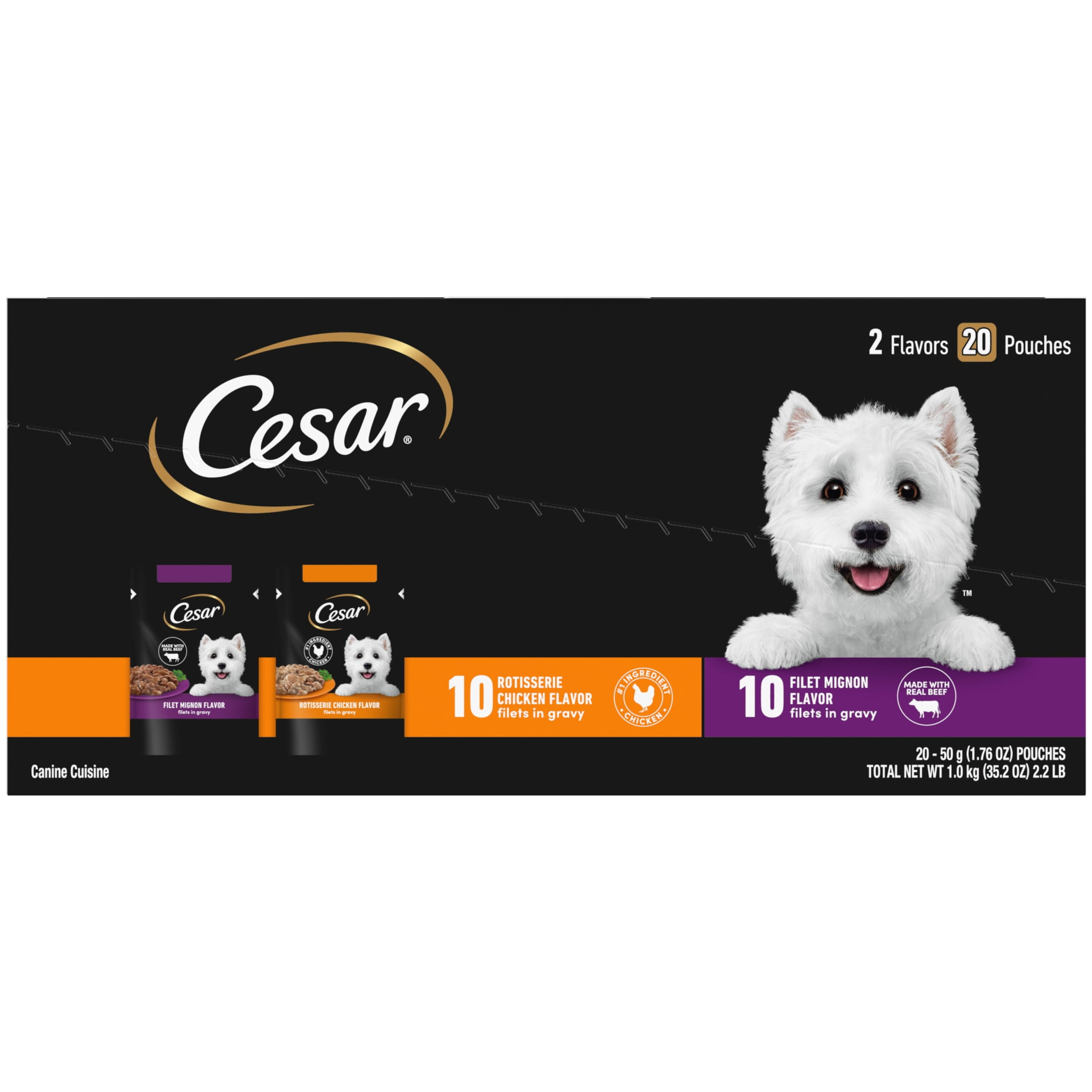 (4 pack) Cesar Filets In Gravy Beef And Chicken Flavors Wet Dog Food, 1.76 Oz Mini-Pouches, 20 Ct