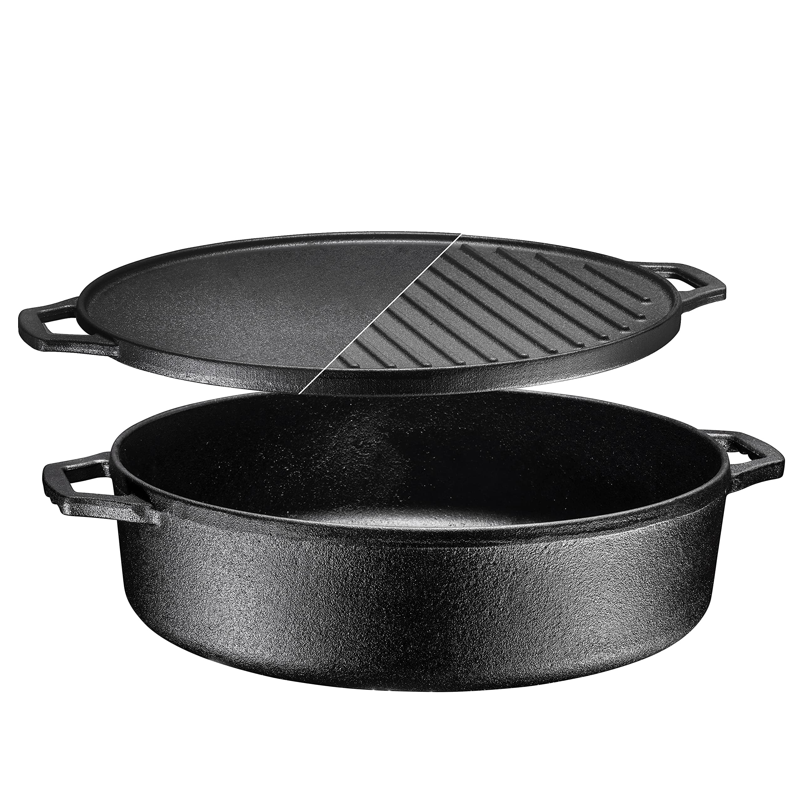 3-In-1 Pre-Seasoned Cast Iron Round Deep Roasting Pan With