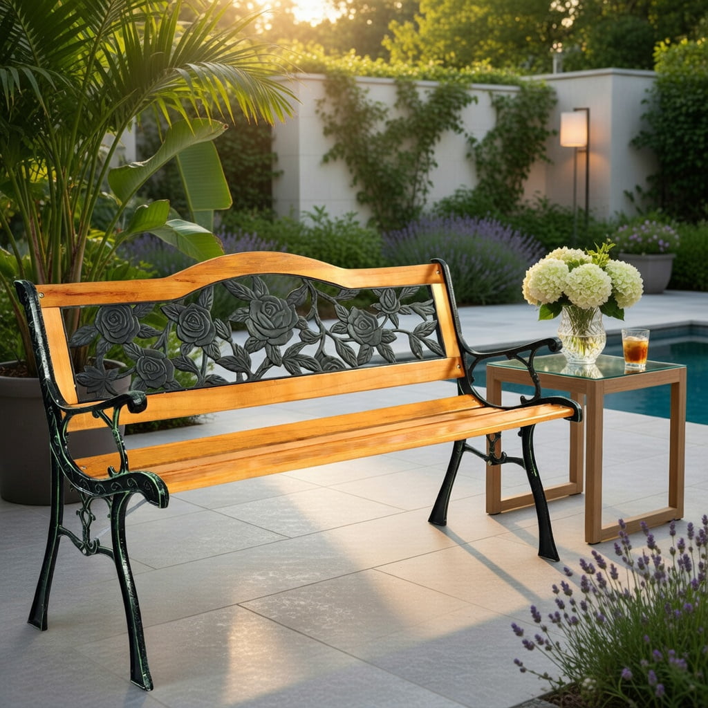 Hommoo Outdoor Wooden Garden Bench Loveseat with Powder-Coated Iron Frame, Heavy, Rust-Resistant, Easy Assembly, Black + Natural