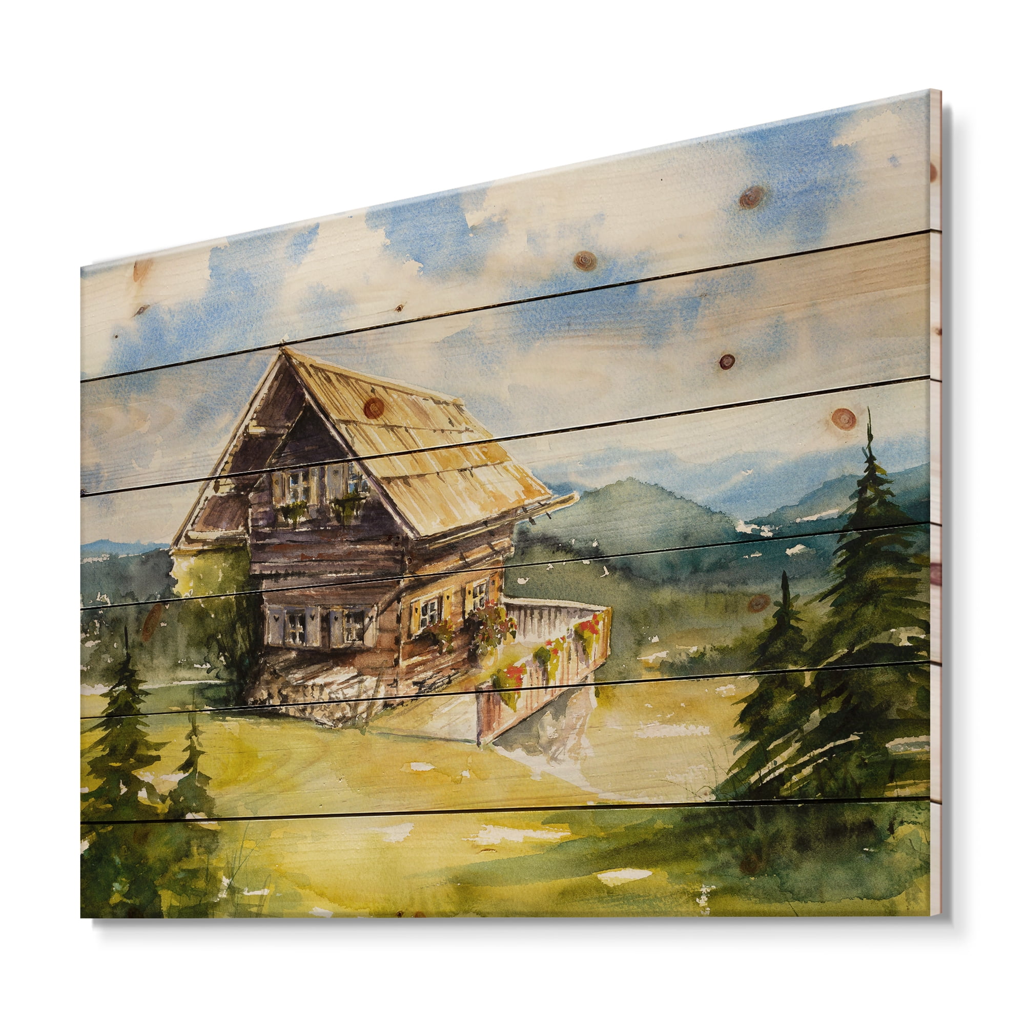 Designart 'Old Cottage At Summer With Peaceful Landscape' Traditional Print on Natural Pine Wood