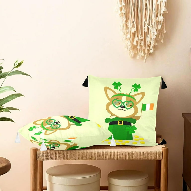Hyjoy Cute Dog Irish Flag Pillow Covers 2pack 16 16inch St Patrick Clover Coin Linen Throw Pillow Covers with Tassels Double Sided Printing Cushion Case Decorative Pillowcase for Couch Soft Bed Walmar...