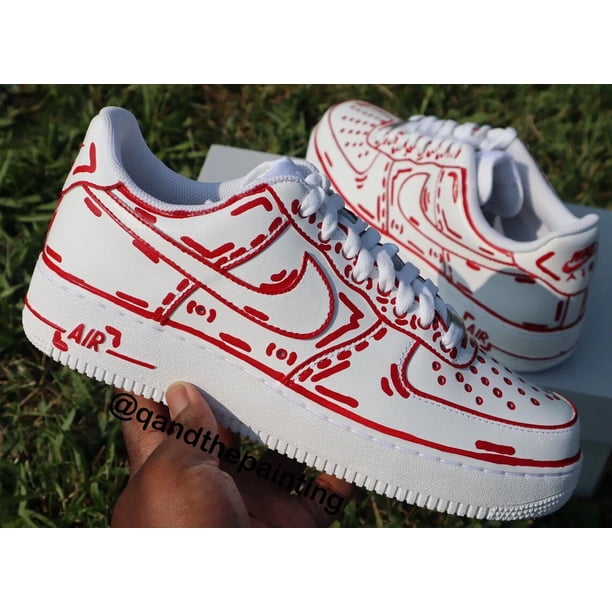 Ni&ke Air Force 1 Custom White Shoes 'Red Outline' Sneaker Mens Womens Kids