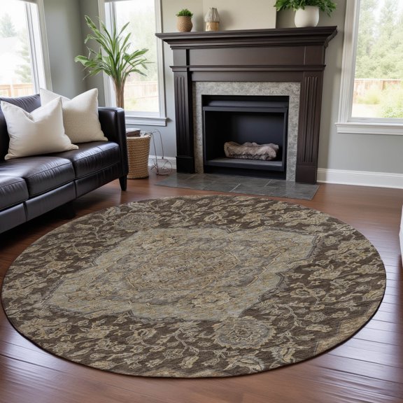 Addison Rugs Mayfield Premium Machine Washable Traditional Global Chocolate Round Rug, 8' x 8'