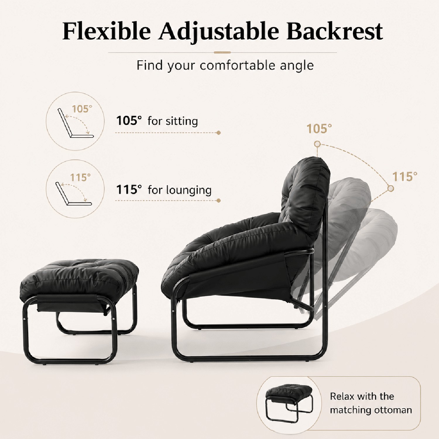 Lazy Chair with Footstool, Thick Cushioned Recliner with Faux Leather Upholstery and Stainless Steel Frame, Ergonomic Accent Chair for Living Room, Bedroom, Dorm