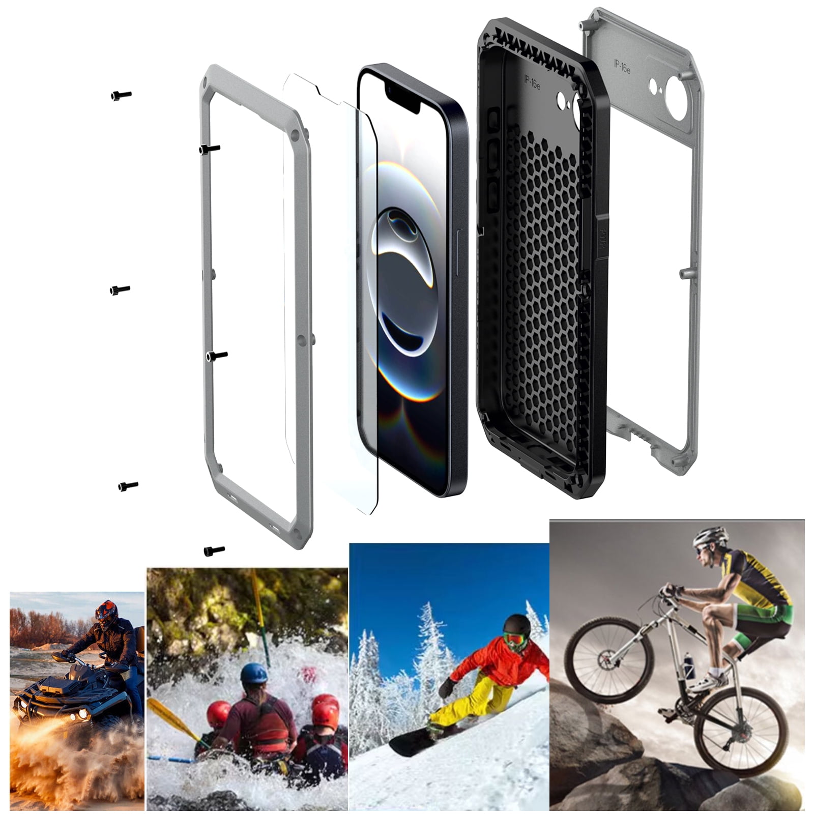 for iPhone 16e Case, 360 Full Body Protective Cover Heavy Duty Shockproof Armor Aluminum Alloy Metal Case with Silicone Built-in Screen Protector for iPhone 16e, Silver