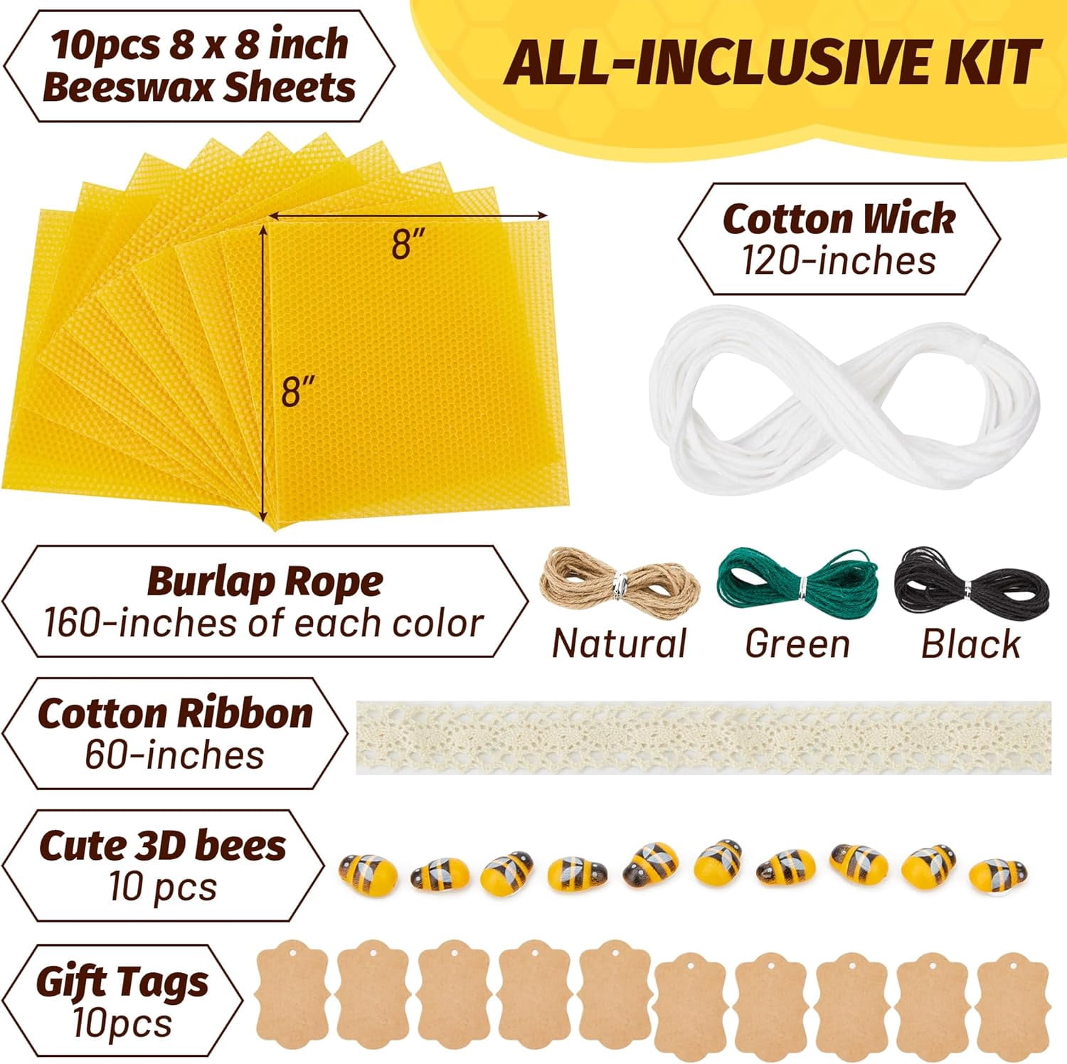 Natural Beeswax Candle Making Kit for Beginners-12 Sheets Rolling DIY Kits (Natural Yellow Color 8 x inch)