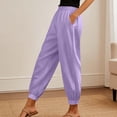 thumbnail image 2 of Women Linen Pants Summer Casual Gaucho Pants Drawstring Elastic Waist Wide Leg Slacks Loose Fitting Beach Attire Purple XXL, 2 of 7