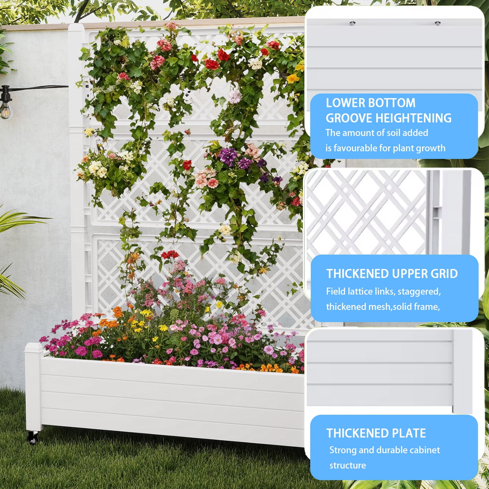 MAYEERTY Raised Garden Bed with Trellis Wheel, Freestanding Planter Box with Built-In Water Storage for Climbing Plants Vegetables Flowers Garden Yard