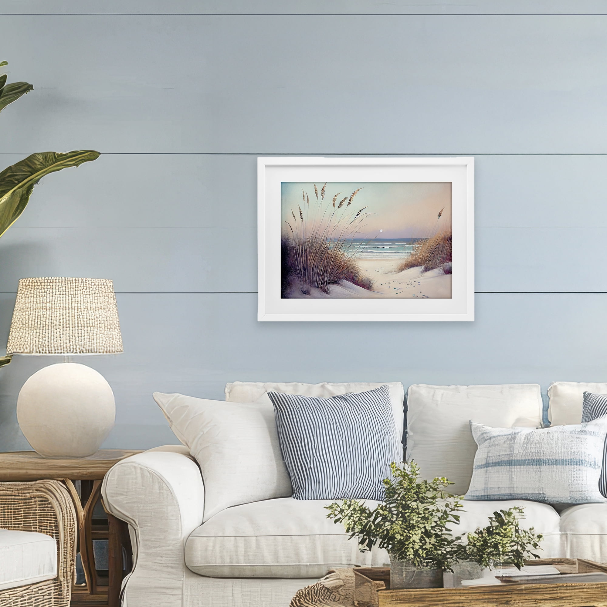 Euphoria Beach Dunes View White Framed Print Under Glass, design by Sasha