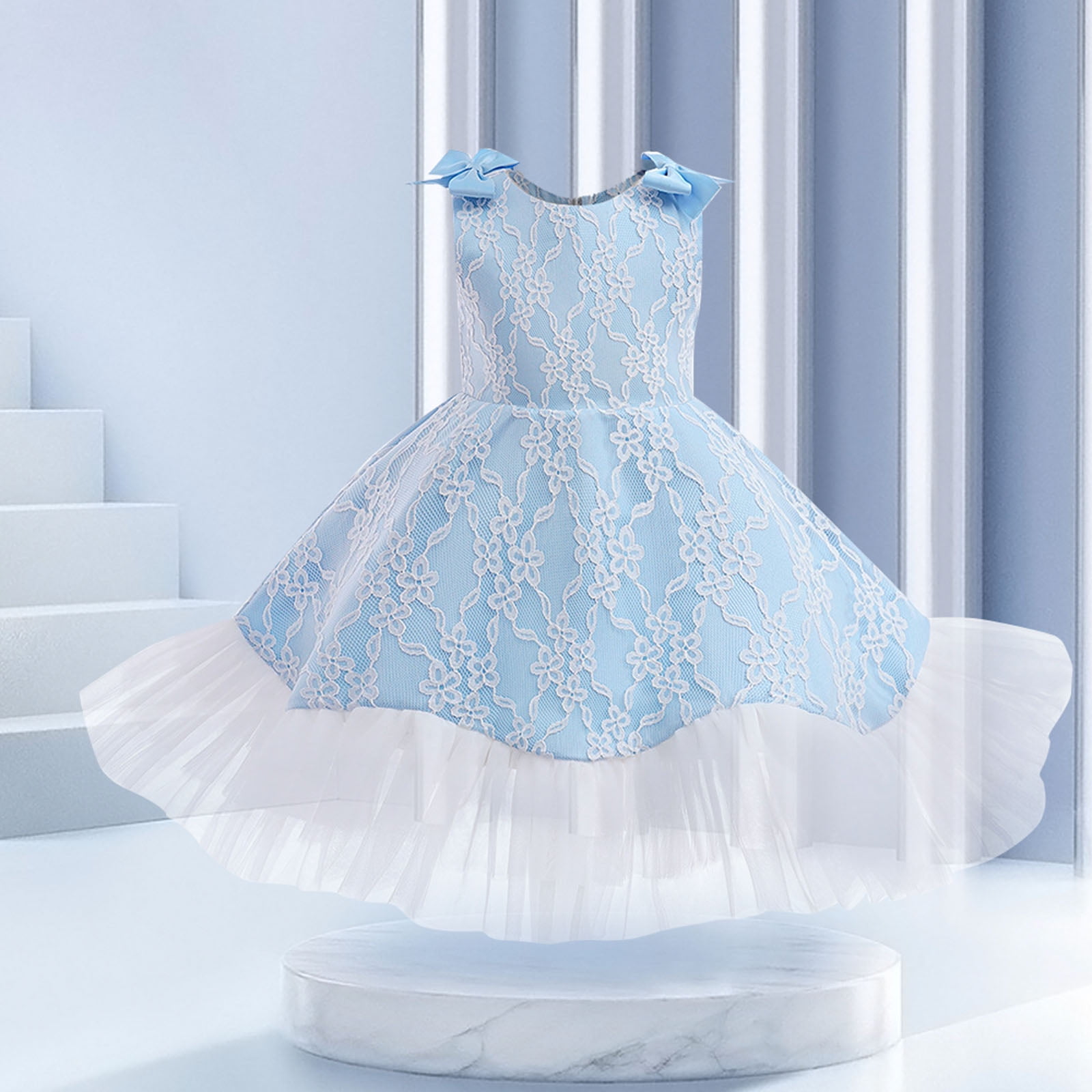 nsendm Girls Dress Big Kid Clothes 5t Princess Dress New Children s Dress Princess Dress Bowknot Mesh Tutu Dress Children s Performance Toddler Sky