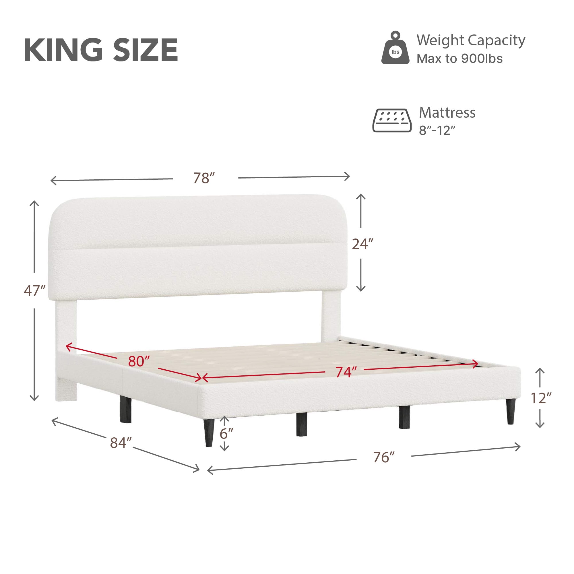 Spruce & Spring Boucle Upholstered Platform Bed Frame with Adjustable Headboard, Wood Slat Support, No Box Spring Needed, Cream, King
