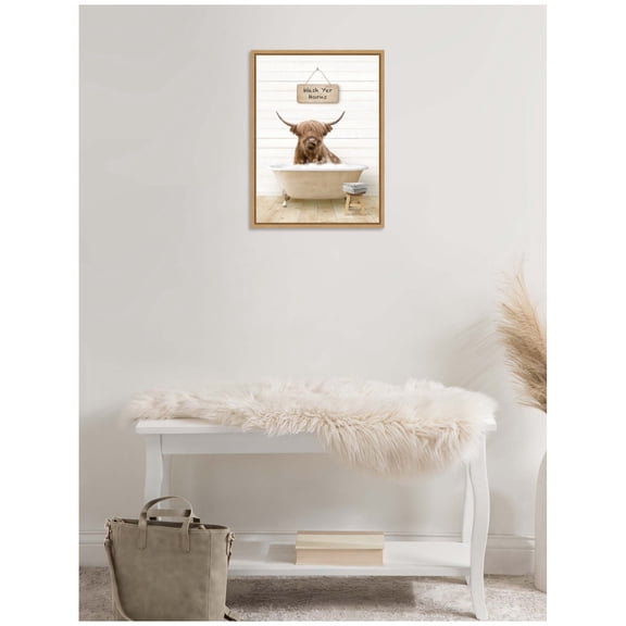 Kate and Laurel Highland Cow in Modern Bathtub Wash Your Horns Framed Canvas Wall Art by Amy Peterson 18 x 24 Sylvie Natural, Whimsical, Animals, Humor, Bathroom Art for Wall Decor, Living Room,