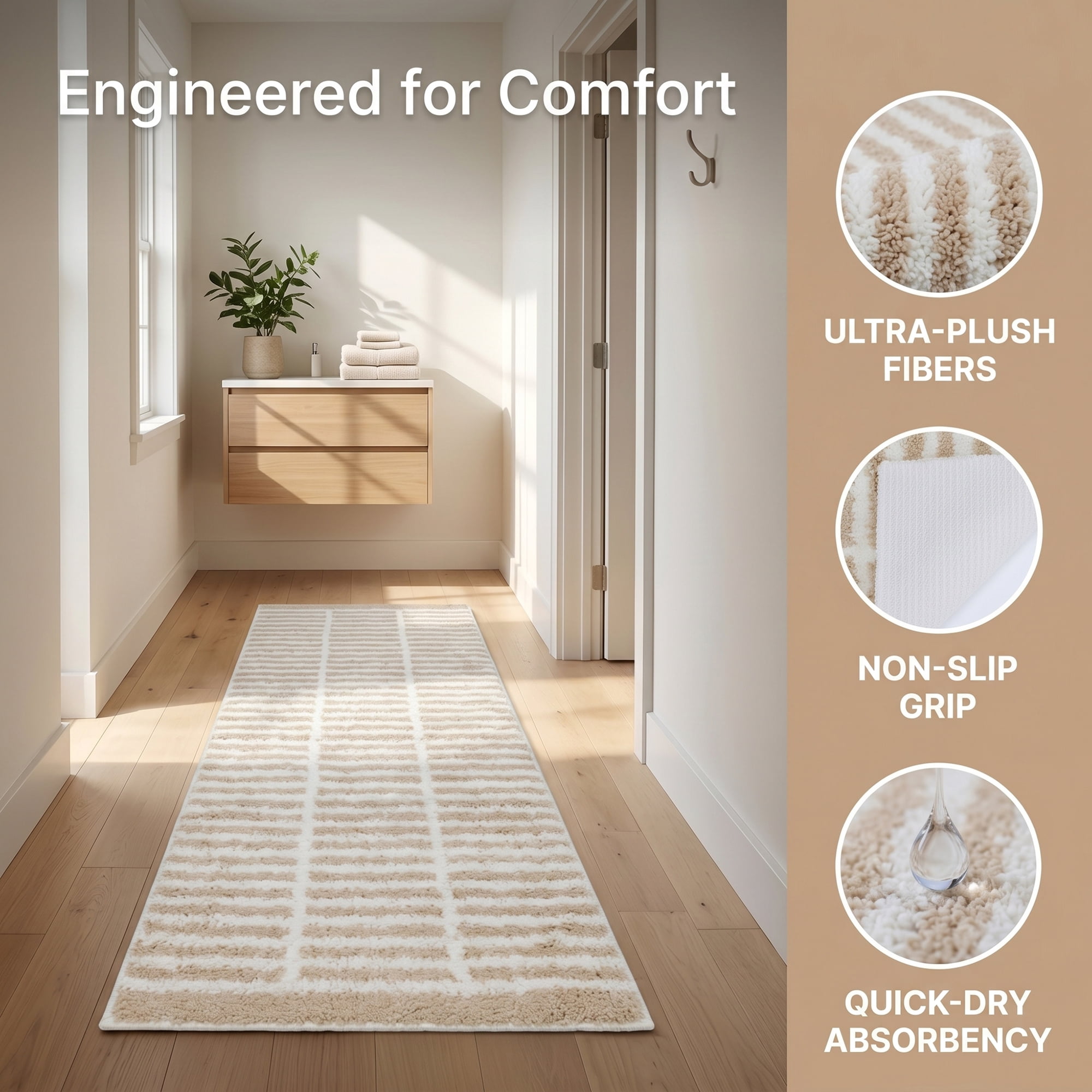 Unique Bargains Geometric Runner Rug Shaggy Bedside Non-Slip Hallway Carpet Khaki Stripe