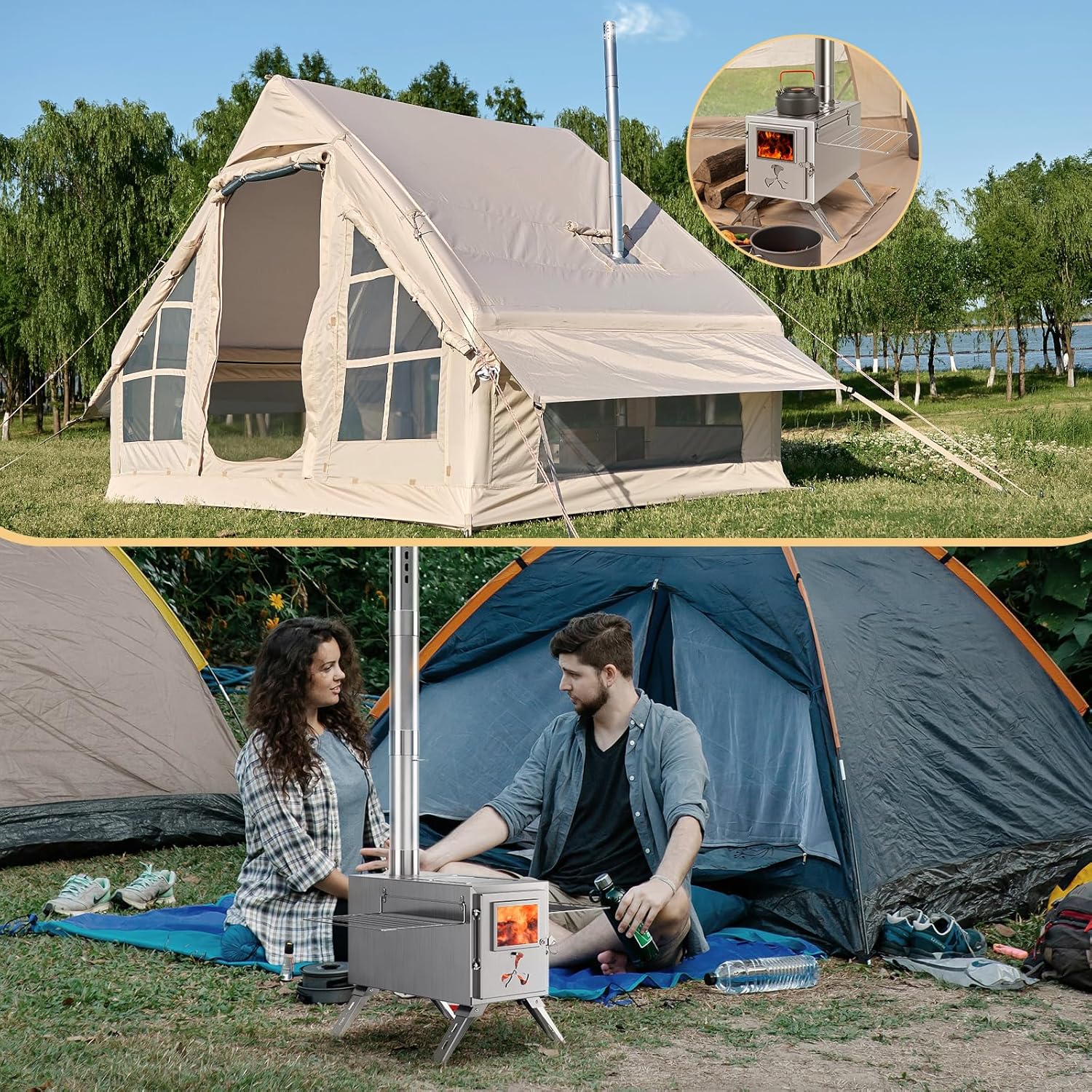 ABORON Portable Camp Wood Stove Stainless Steel Camping Cooking Stove Outdoor Wood Burning Stove with Chimney, Firebox Hot Camping Tent Stove for BBQ, Hiking, Fishing, Hunting