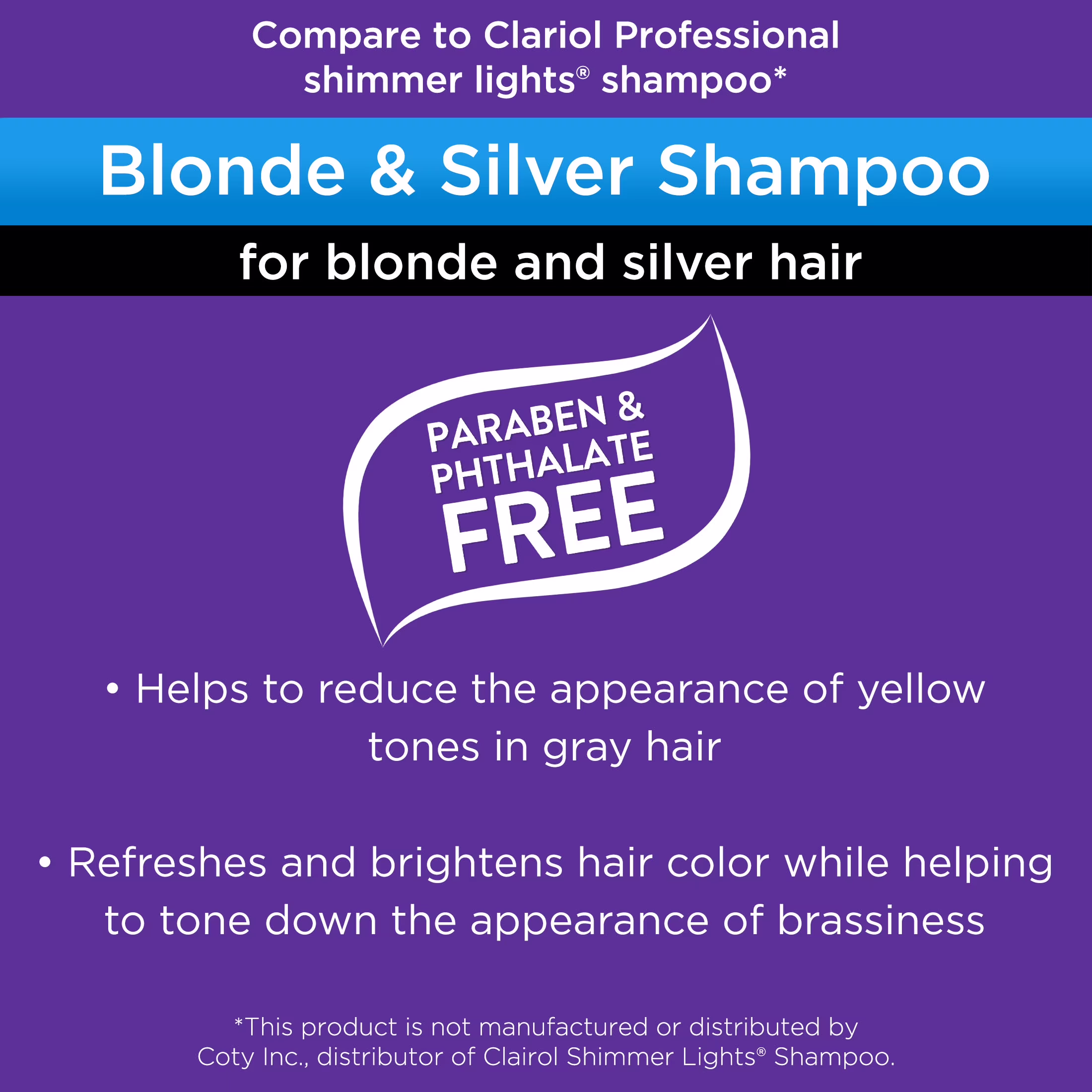Equate Blonde & Silver Shampoo for Hair Care of Blonde and Silver Hair, 16 fl oz, Compare to Clairol Professional® Shimmer Lights® Shampoo